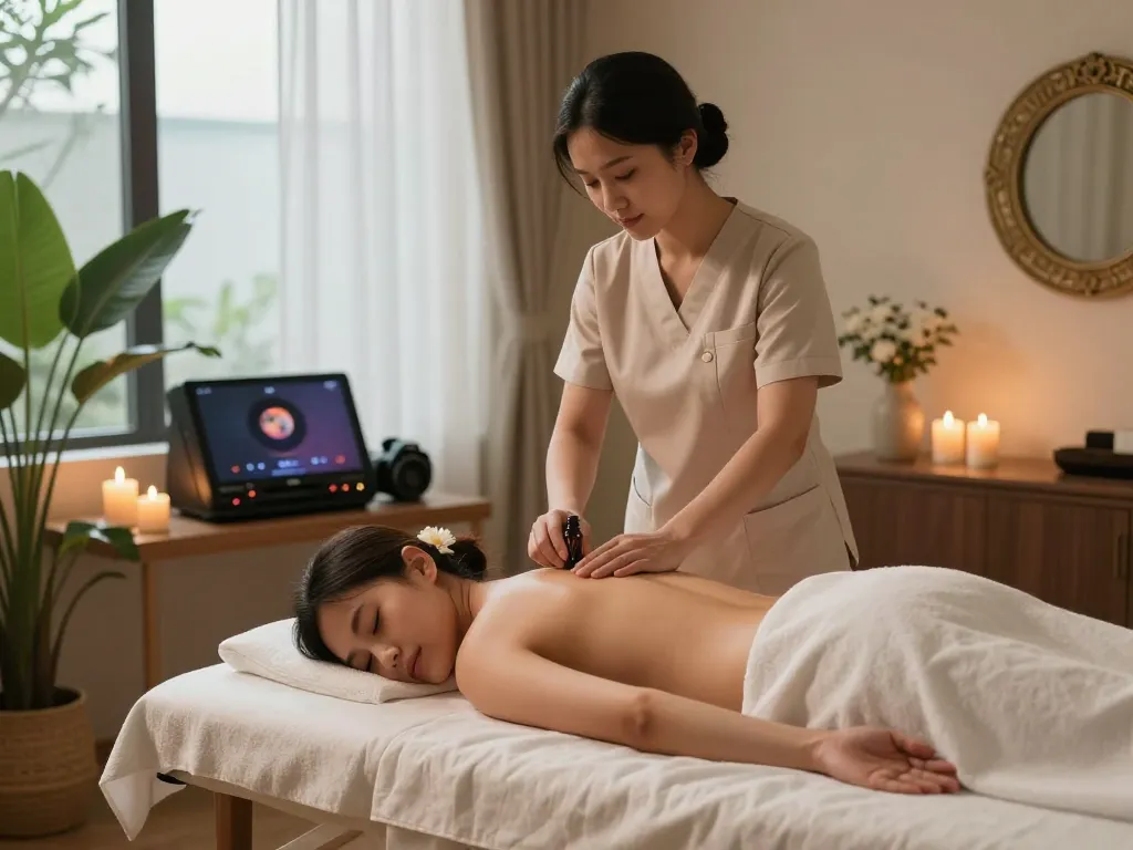 Tranquil 논현동마사지 therapy session showcasing a serene studio and skilled therapist.