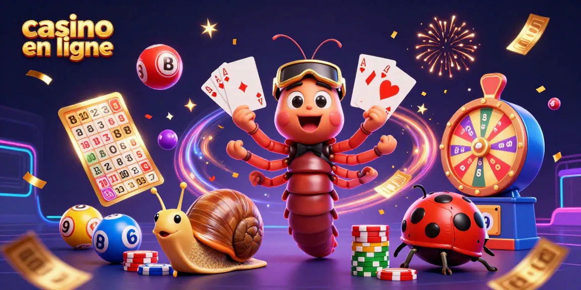 Illustrez votre aventure de casino en ligne avec un millipède croupier et des jeux de loterie colorés.