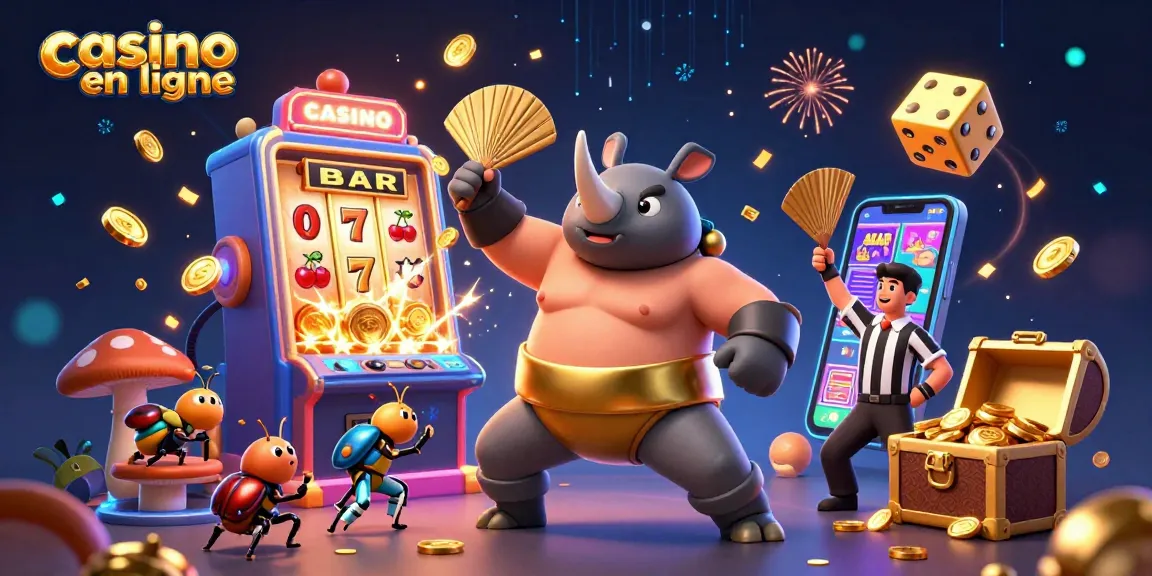 Le rhinocéros scarabée sumo champion fête un jackpot au casino en ligne avec des pièces dorées volantes.