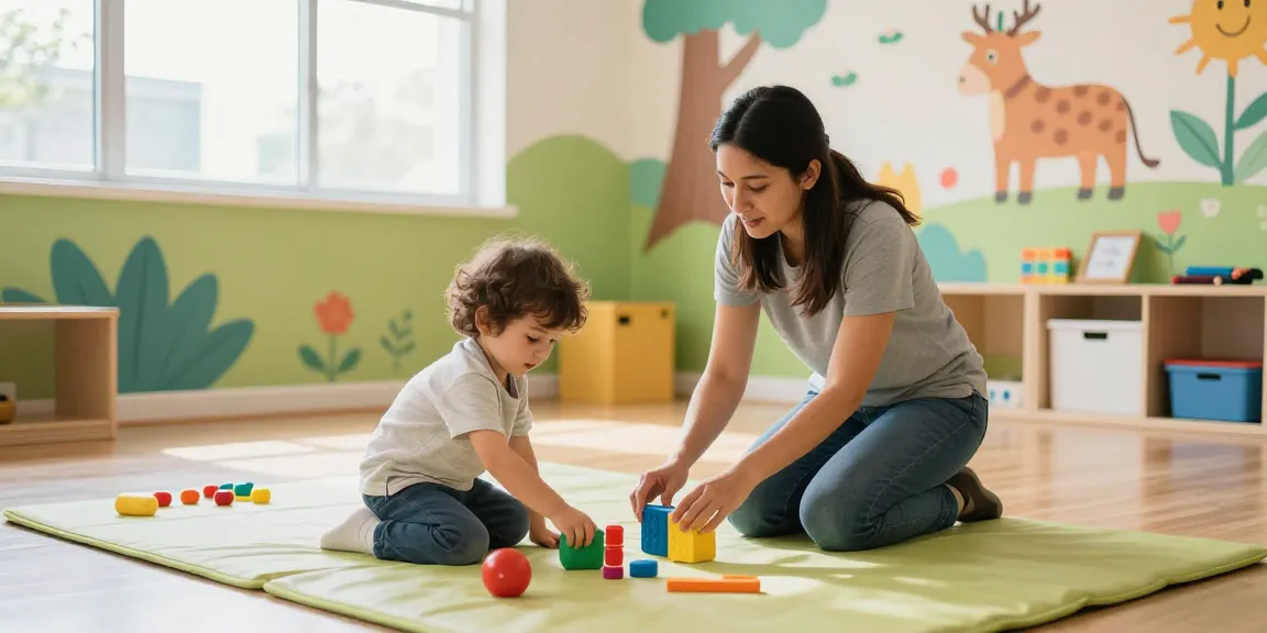 Occupational therapy helping children develop motor skills in a vibrant, engaging setting with toys and guidance.