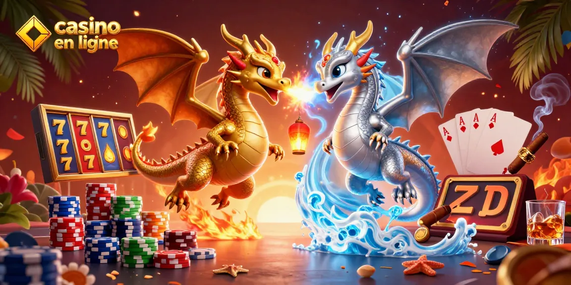 Illustration dynamique avec des dragons et des éléments de casino en ligne, créant une ambiance captivante.