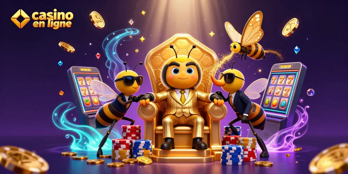 Illustration dynamique du casino en ligne avec une abeille boss de la mafia entourée de gardes, affichant des gains de jackpot.