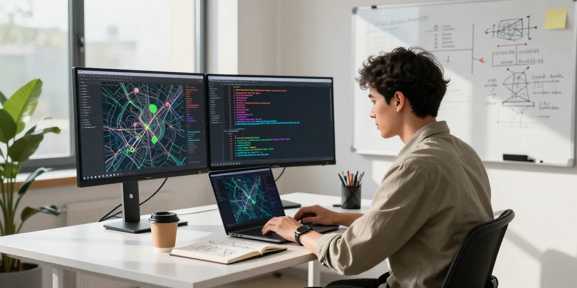Engineer focusing on geospatial data visualization at a modern tech workspace, showcasing geosearchly elements.