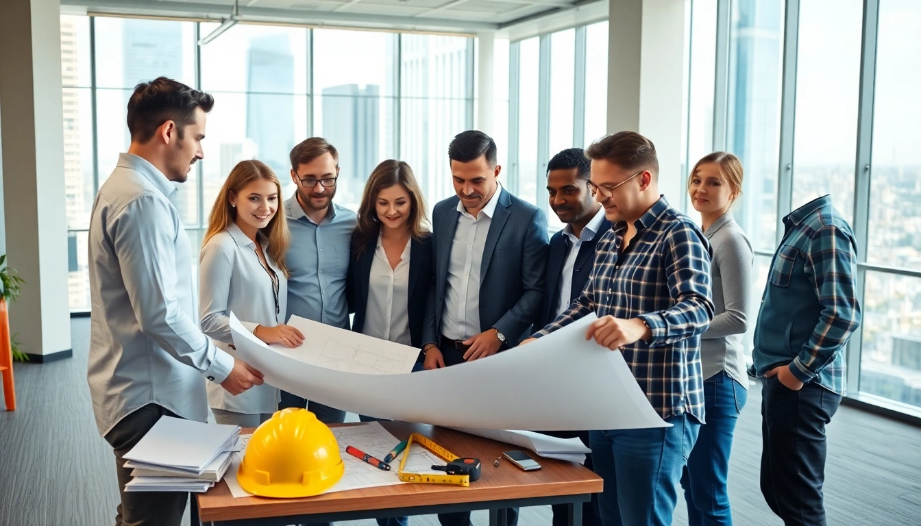 Construction member organization collaborating in a bright office, showcasing teamwork and blueprints.