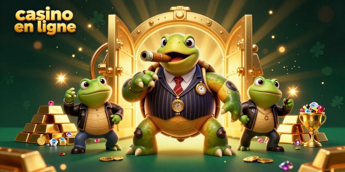 Accédez à l'excitation du casino en ligne avec une illustration d'une tortue mafieuse et des grenouilles.