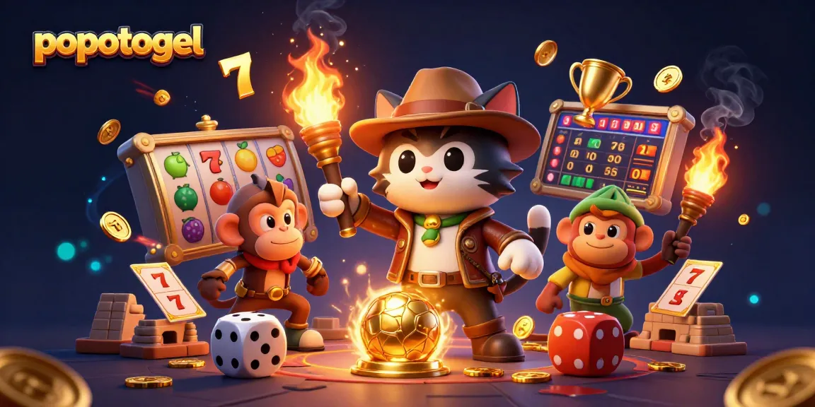 Experience the thrill of popotogel with a vibrant 3D illustration of a cat adventurer discovering a golden casino artifact.