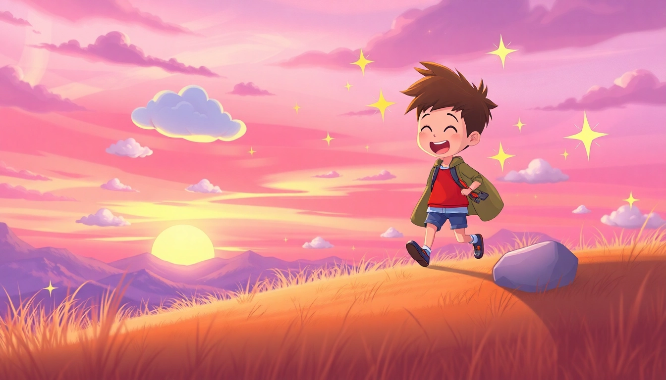 2D Animation character exploring a colorful landscape filled with dreamy elements.