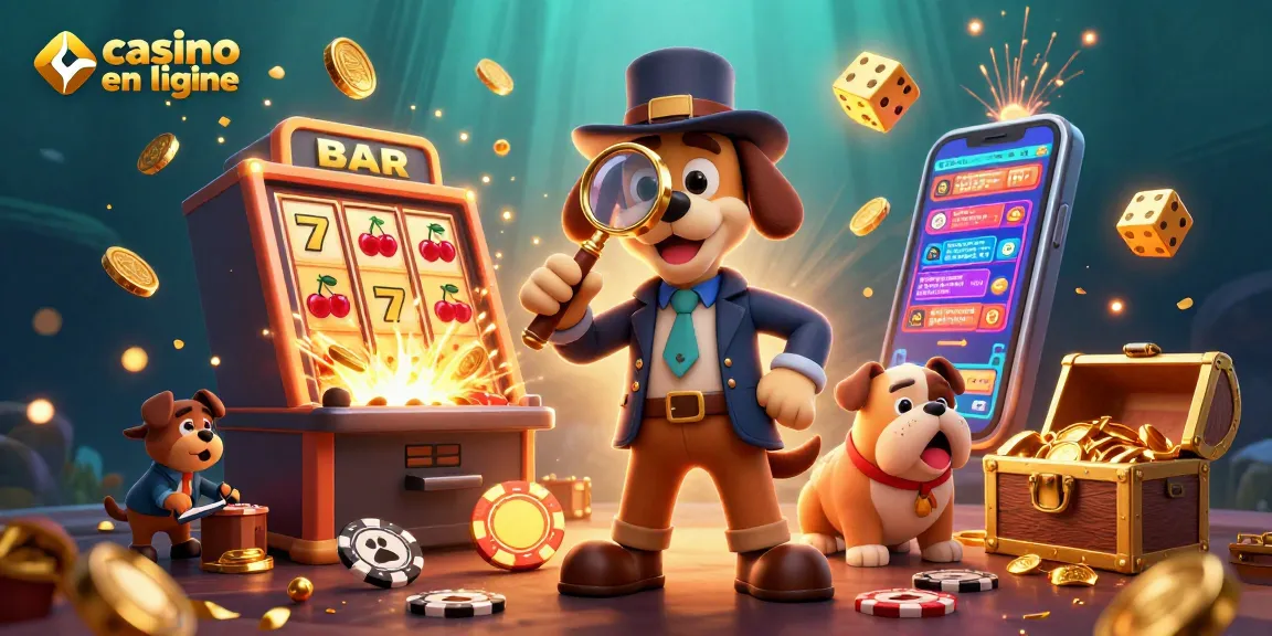 La scène dynamique de "casino en ligne" montre un détective beagle et son compagnon bulldog, trouvant des jetons et des trésors.