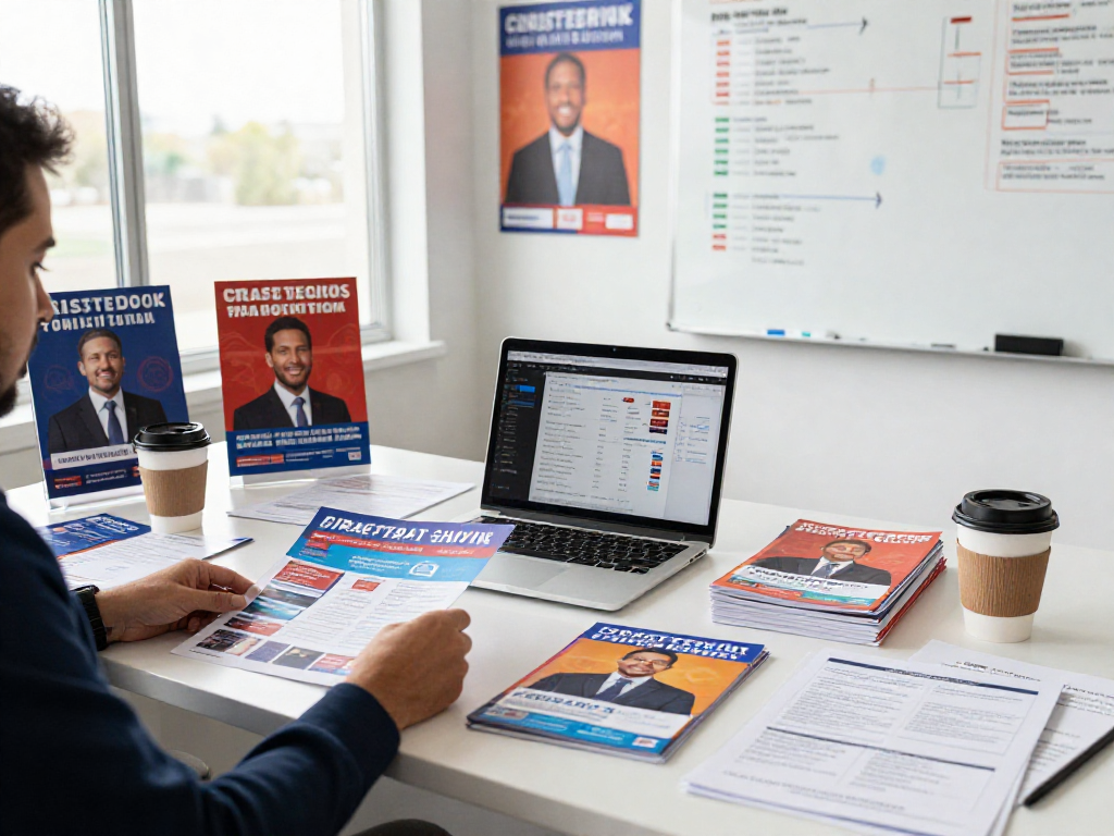 Campaign direct mail materials reviewed by a candidate in a professional workspace.