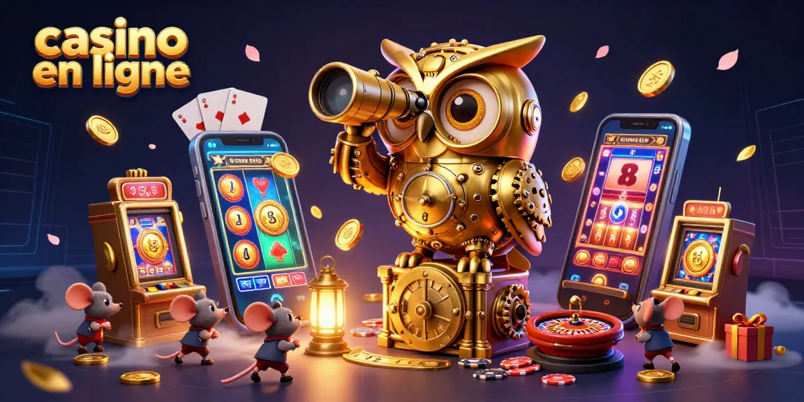 Découvrez le monde captivant du casino en ligne avec une illustration 3D dynamique d'un hibou doré et des souris animées.