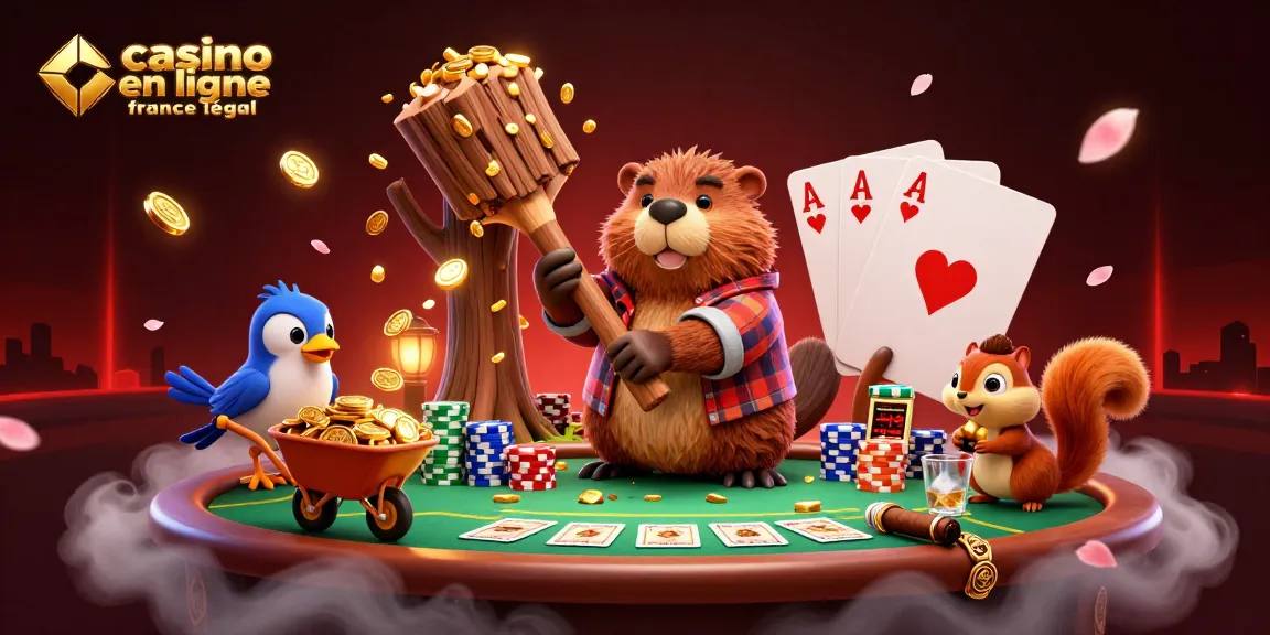 Illustration captivante montrant un casino en ligne France légal avec des pièces d'or et des personnages animés.