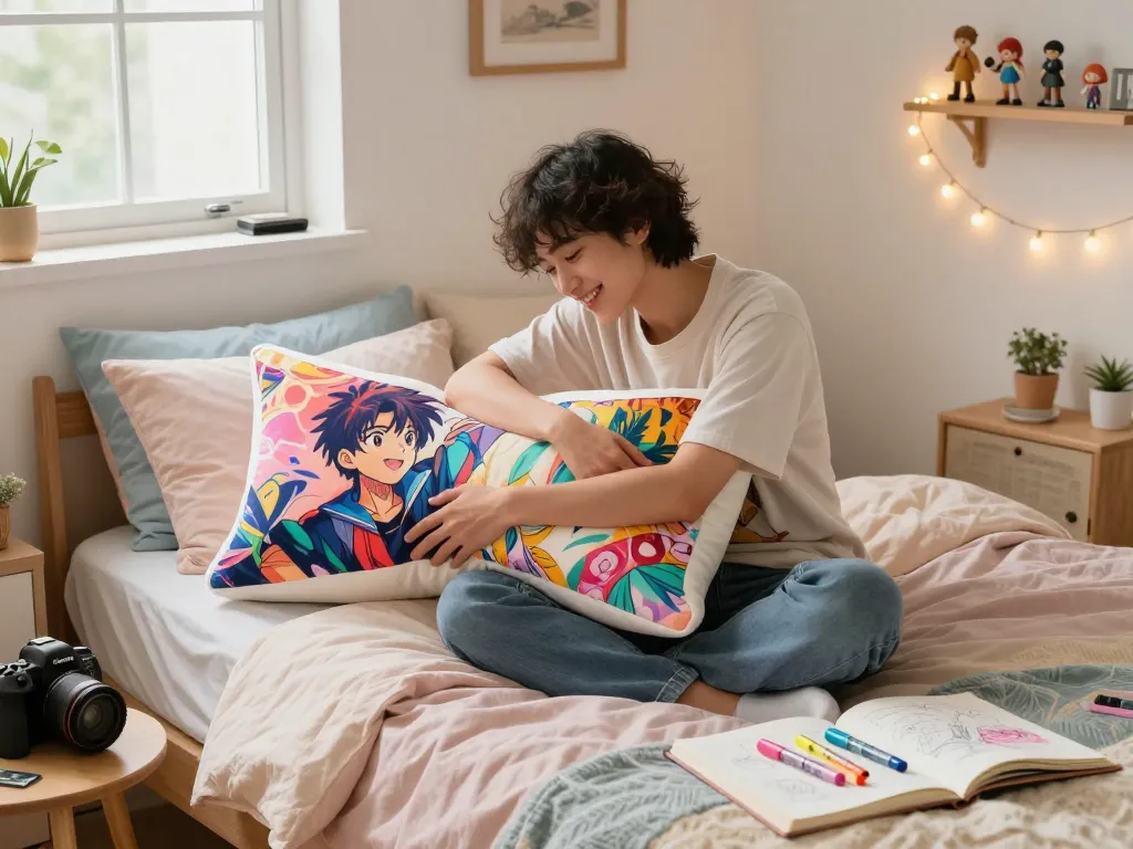 Custom body pillow with vibrant anime design in cozy bedroom setting, enhancing comfort and creativity.