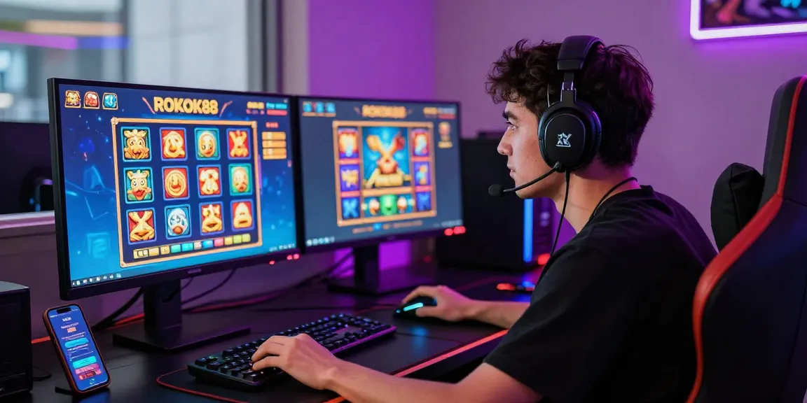 Player enjoying slot games on ROKOK88 platform with vibrant graphics and technology