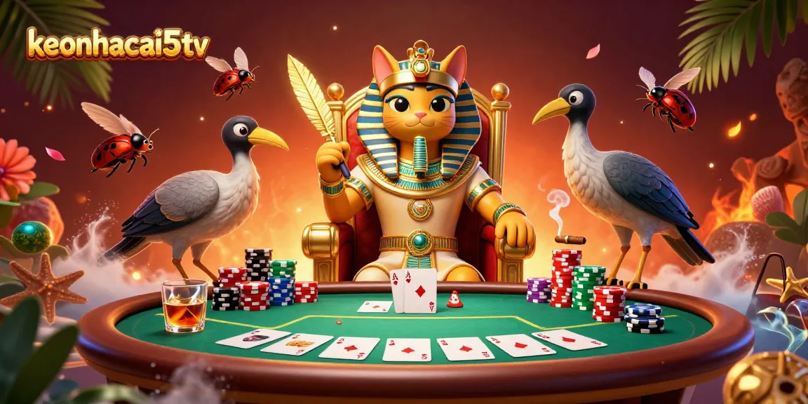 Engage in thrilling betting strategies with keonhacai5tv, showcasing an Egyptian pharaoh cat in a vibrant casino scene.