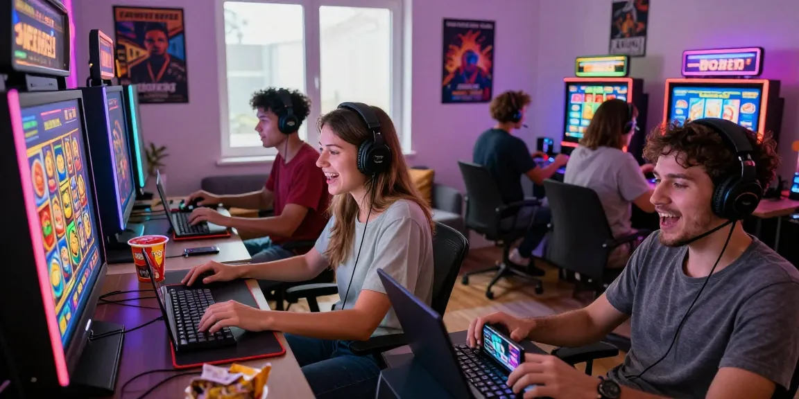 Players enjoying situs gacor slots in a vibrant gaming setup, showcasing excitement and modern digital interactions.