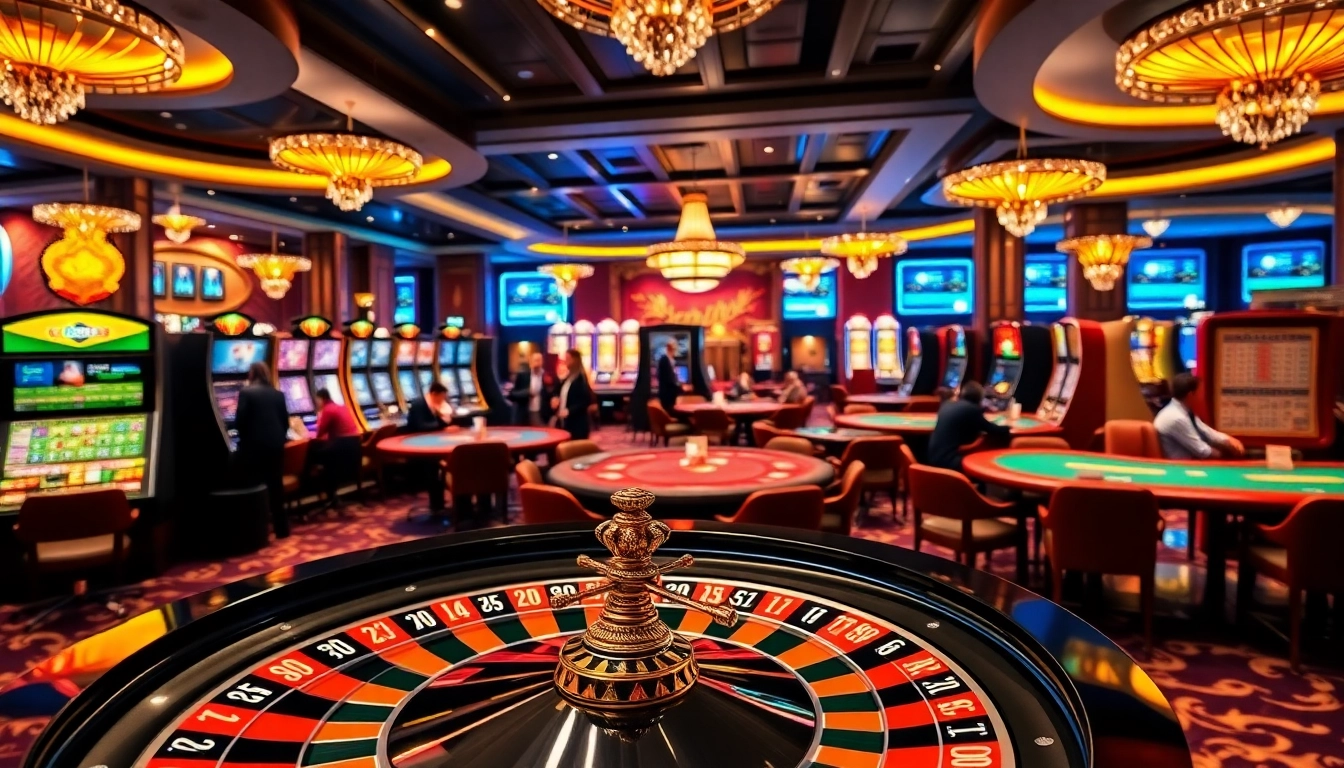 A vibrant casino scene showcasing luxury gaming, highlighting link CM88 poker tables and slot machines.