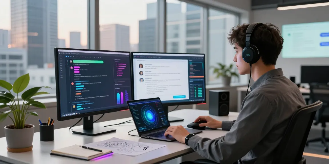 Engaging scene showcasing koboldai in a modern tech workspace with dual screens and vibrant interfaces.