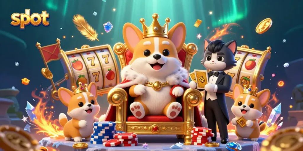 Slot menyajikan keceriaan dengan corgi raja dan elemen kasino, memikat untuk penggemar perjudian.