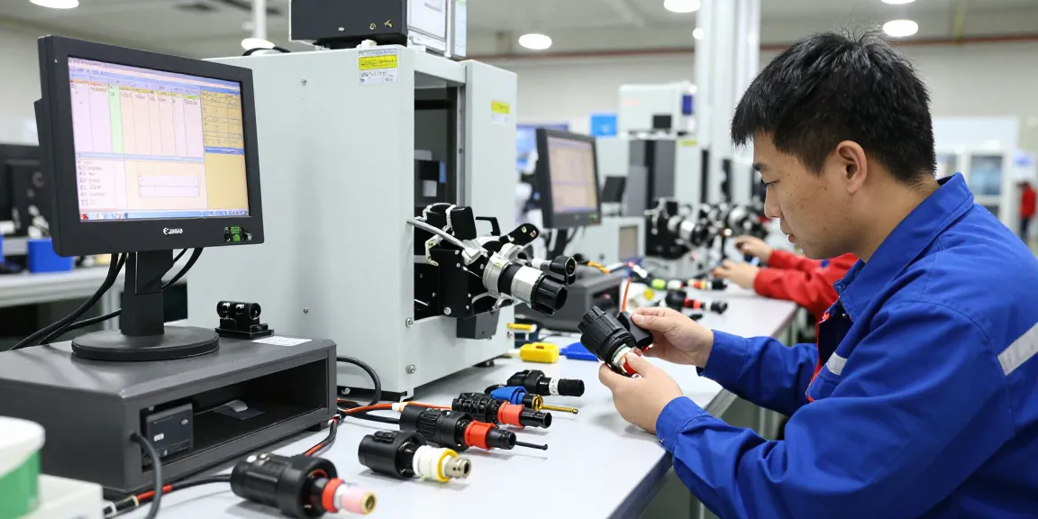 Heavy duty waterproof electrical connectors displayed in automotive manufacturing facility, highlighting precision and quality.