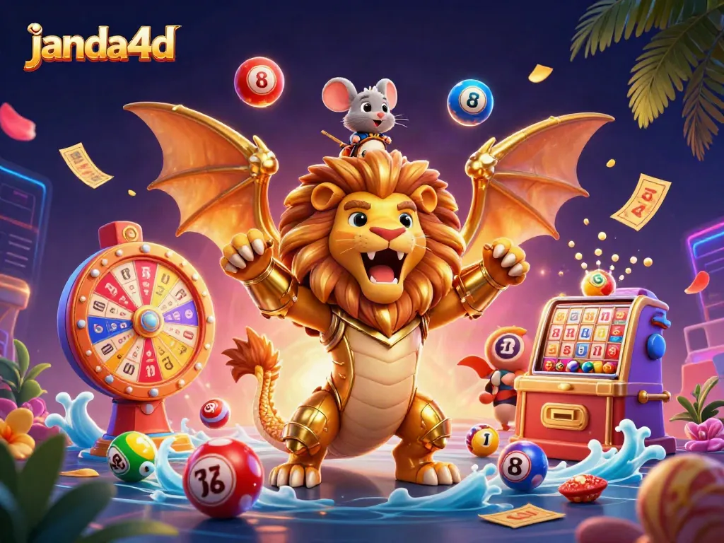 Menggoda peluang dengan janda4d, permainan lotere seru ditunjukkan oleh makhluk chimera dan bola nomor beraneka warna.