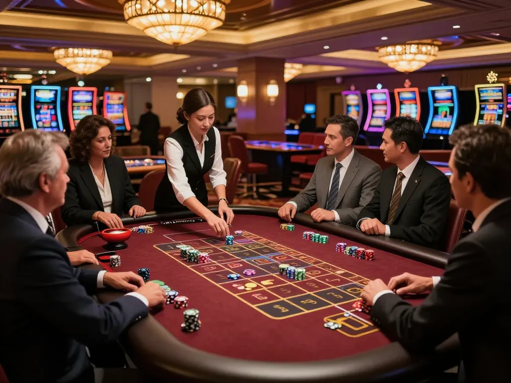 Players enjoy a thrilling roulette game at LV88 casino under ambient lighting, excitement in the air.