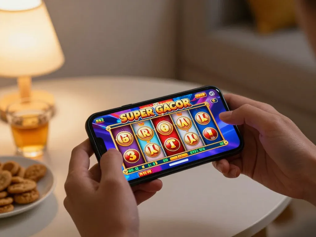 Winning at slot kamboja super gacor while enjoying mobile gaming experience in a cozy home setting.