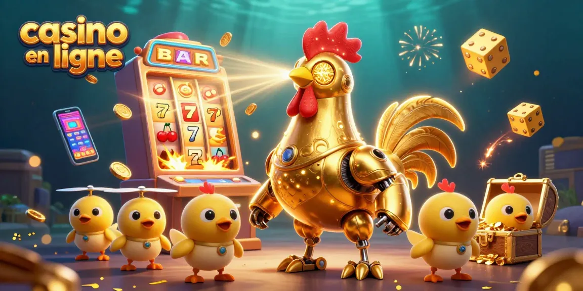 Gagnez avec casino en ligne : un robot coq doré dans un univers de jackpots colorés.