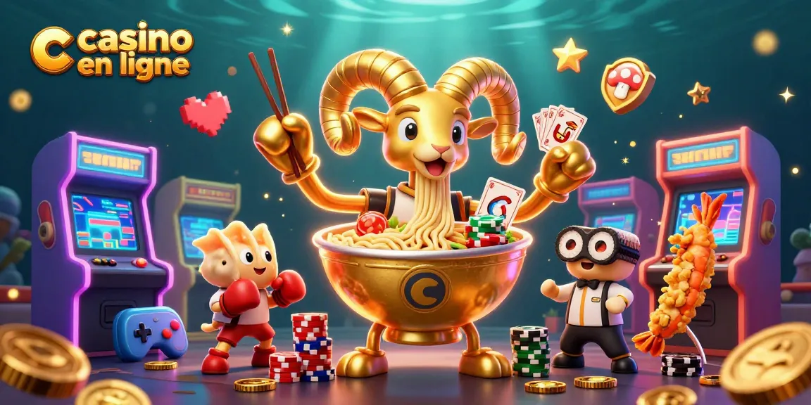 Illustration d'un casino en ligne avec un bol de ramen géant et d'autres personnages ludiques dans une scène dynamique.
