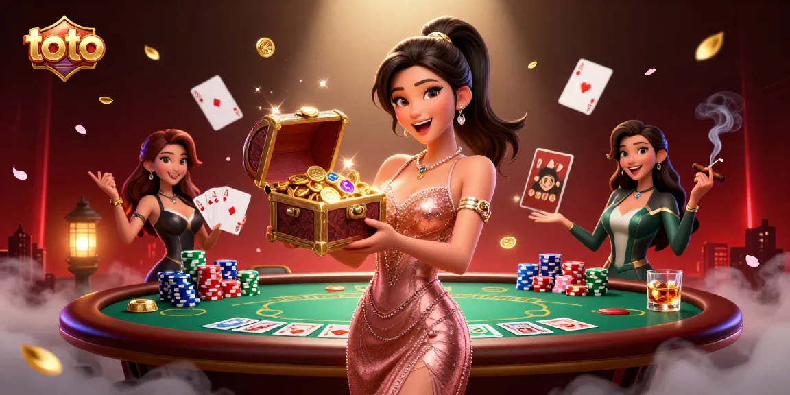 Toto players engaging in poker action, surrounded by overflowing treasure and vibrant casino elements