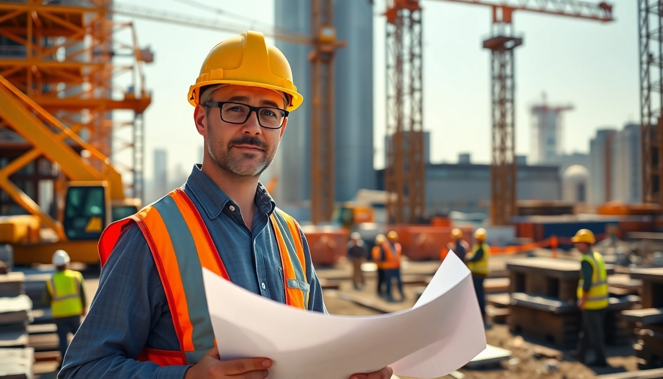 New York Construction Manager reviewing project plans on-site with team.