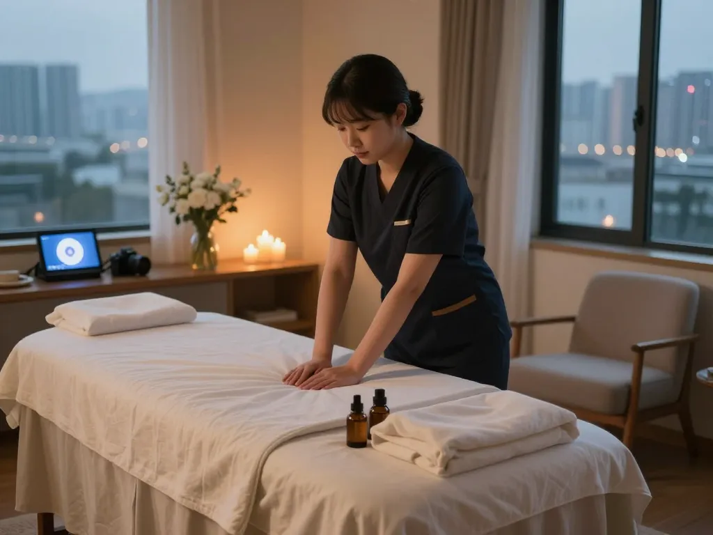 Relaxing 인천 출장마사지 setup in serene hotel room with calming ambiance.