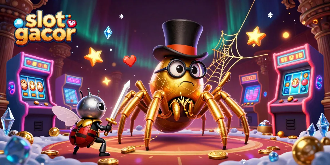 Engage with slot gacor gameplay as a golden tarantula weaves a web amid vibrant casino elements.