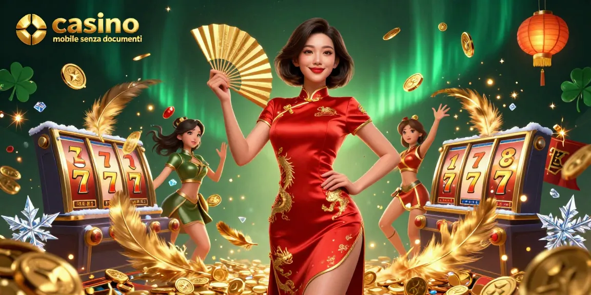 Gioca a casinò mobile senza documenti con un'attraente host asiatica circondata da monete d'oro e decorazioni vivaci.