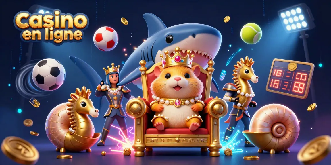 Une scène dynamique de casino en ligne montrant un roi hamster sur un trône en coquillage, entouré d'éléments de jeu et de lumière.