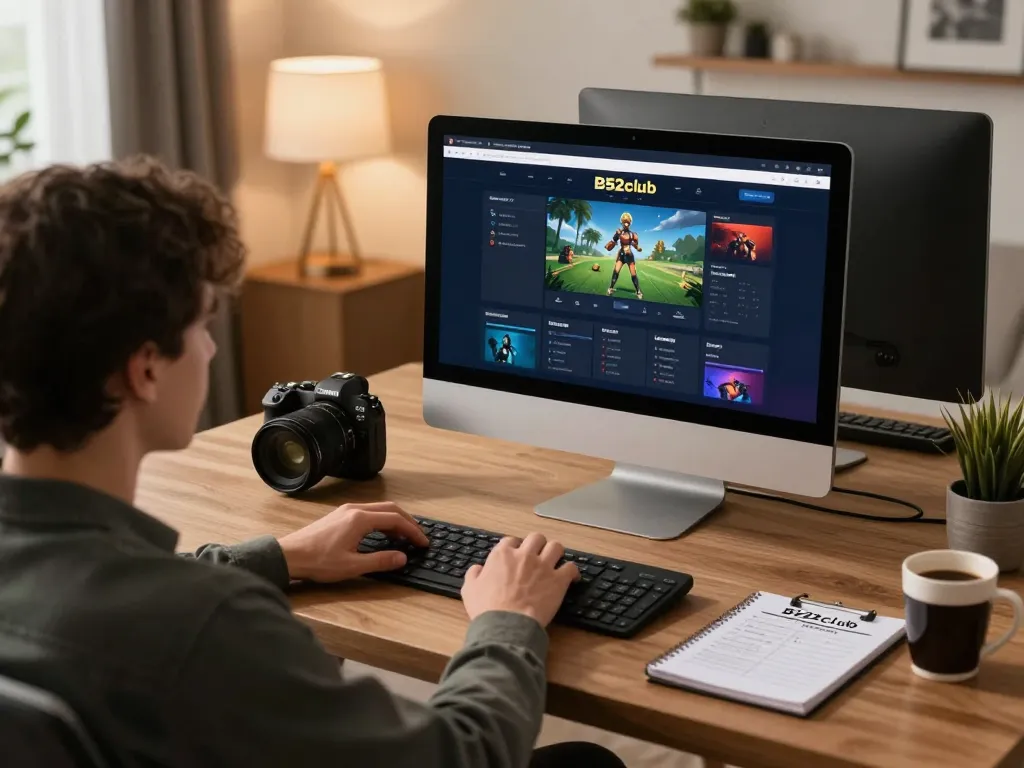 B52club online gaming setup with user engaged in gameplay and strategy notes beside