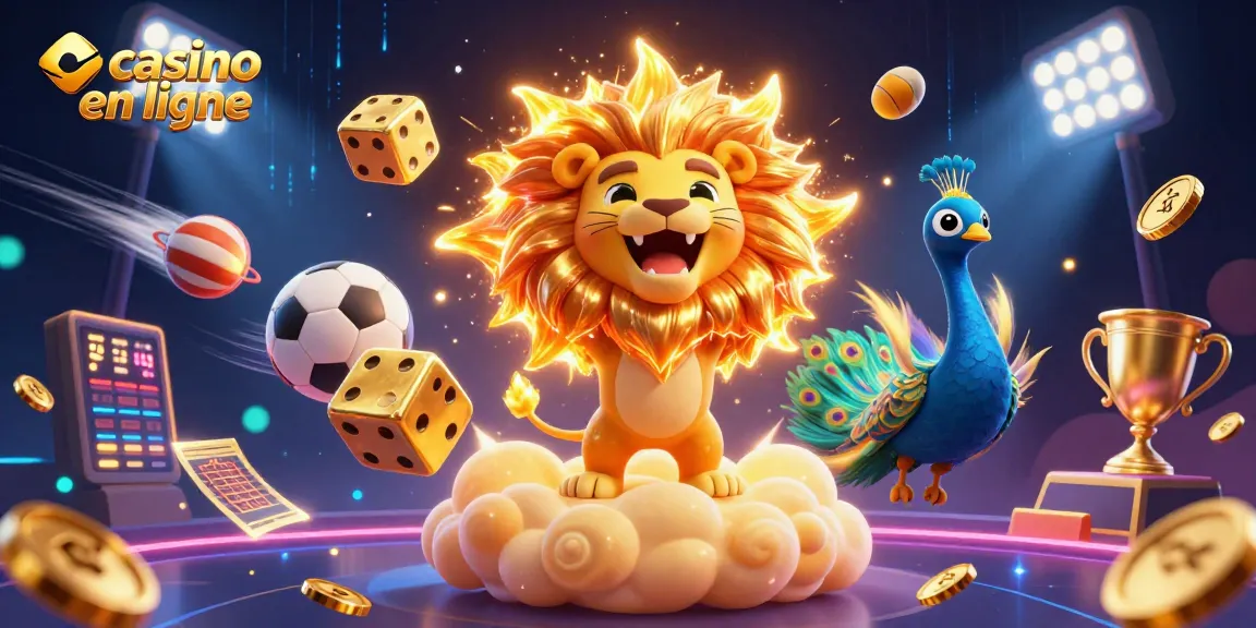Les joueurs de casino en ligne s'engagent avec des dés dorés et un lion dans un univers ludique.