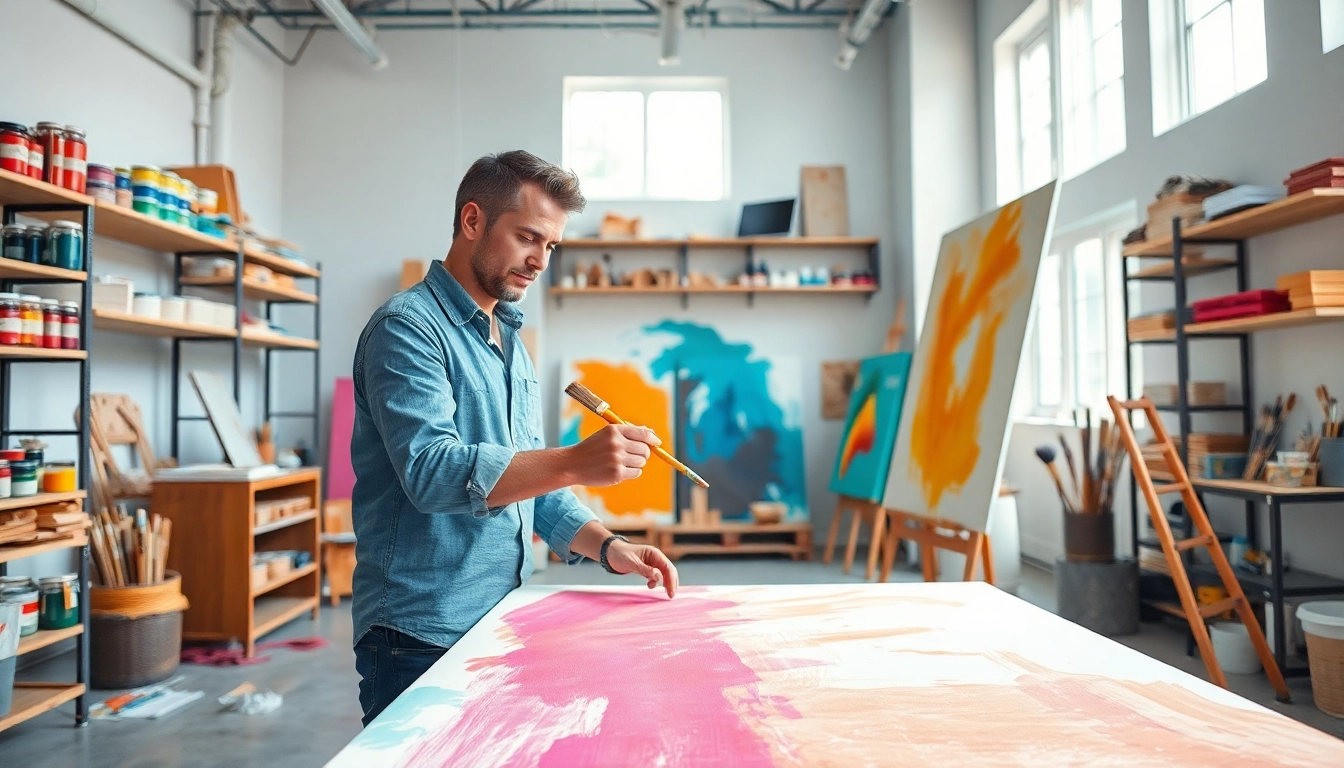 Painter engaged in a painting apprenticeship, showcasing artistry and tools in a bright studio.
