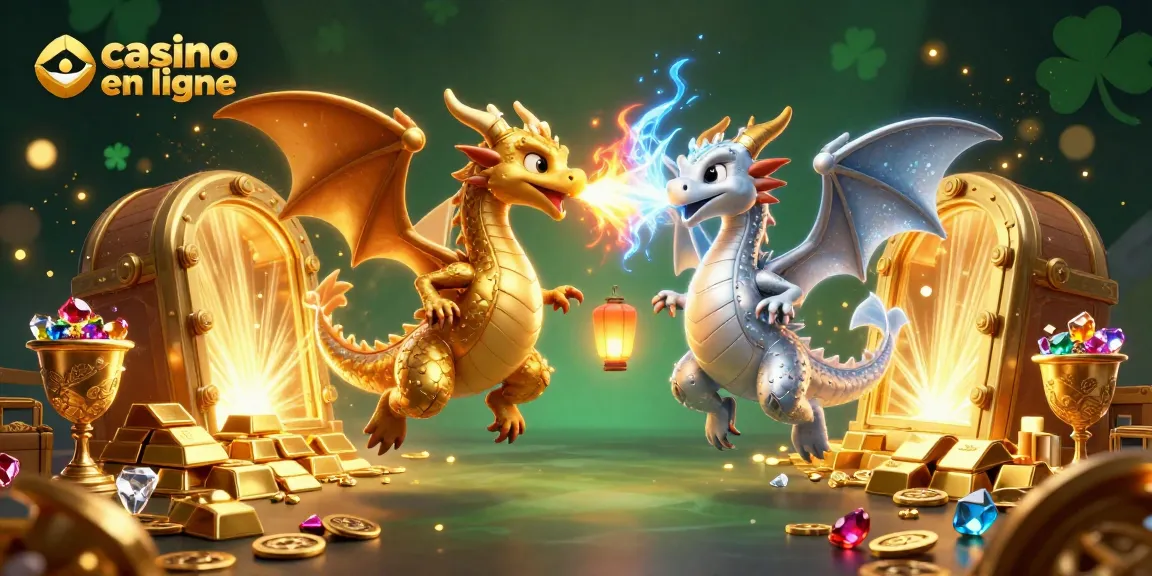 Jouez aux jeux de casino en ligne avec des dragons et un trésor de gemmes sur fond lumineux.