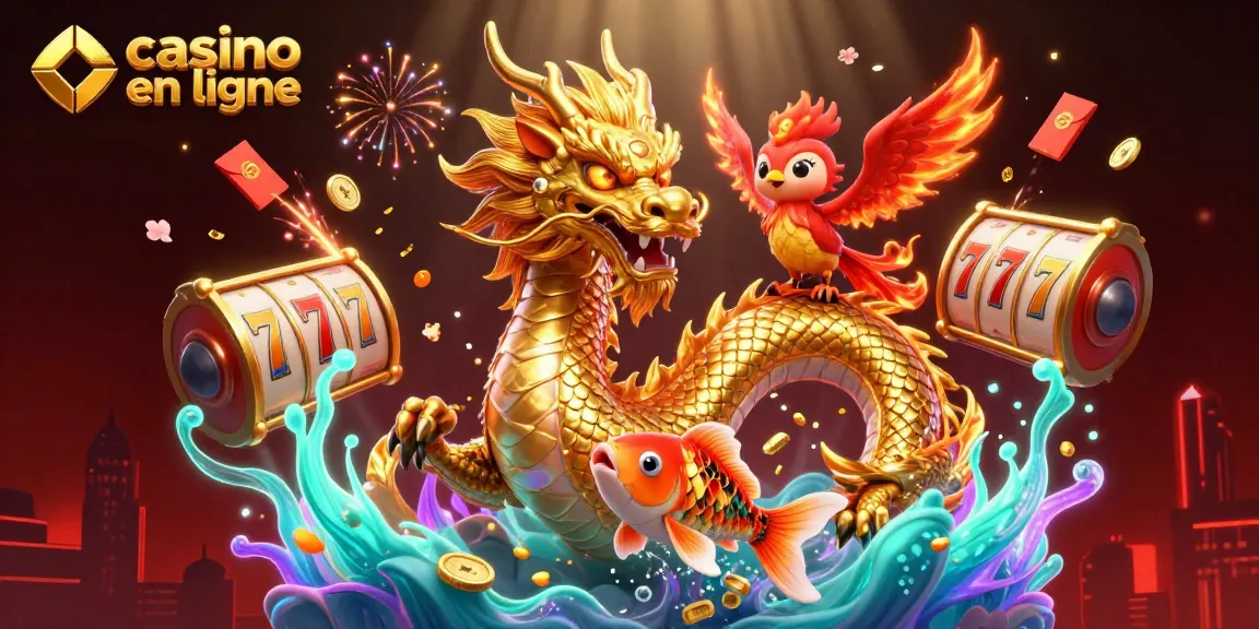 Plongez dans le monde des casinos en ligne avec cette illustration dynamique et colorée, mettant en avant un dragon doré et des éléments de jeu captivants.