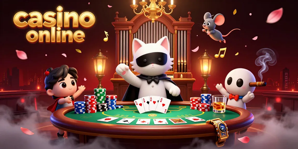 Scène engageante de casino en ligne avec un chat fantôme, des notes de musique flottantes et des éléments de poker.
