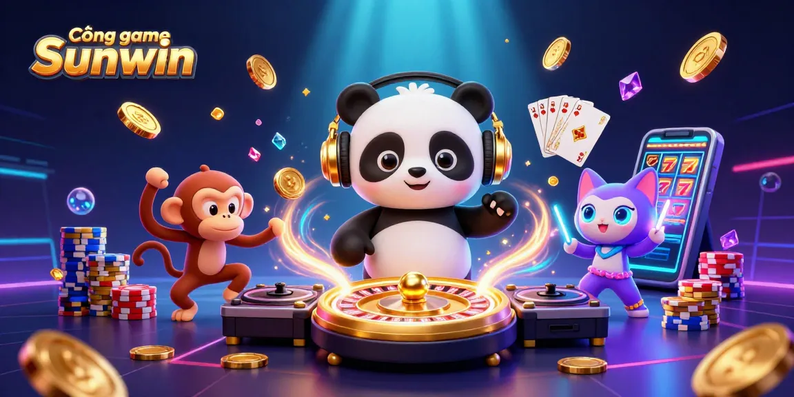 Cổng game Sunwin offers thrilling gameplay with exciting characters like a DJ panda and breakdancing monkey in a vibrant scene.