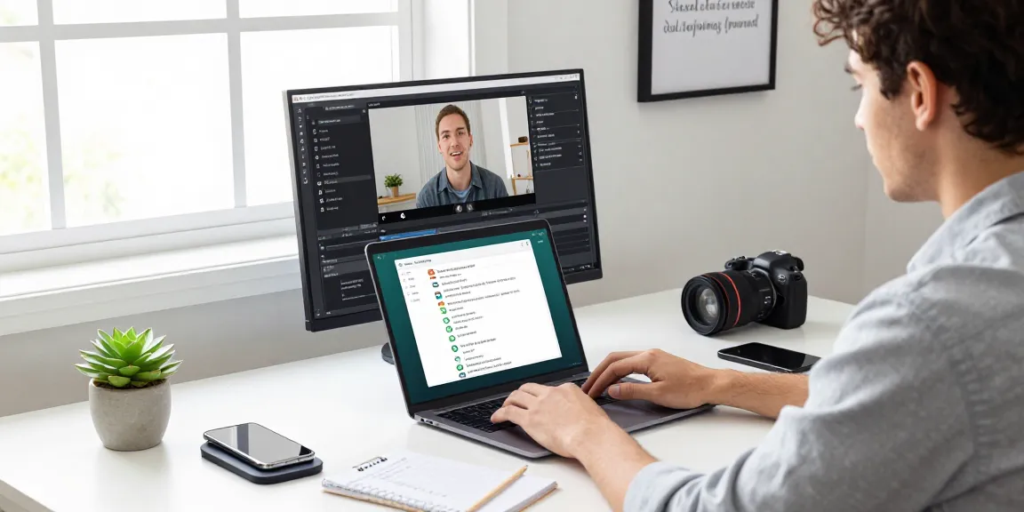 Using WhatsApp電腦版 on a laptop in a modern home office space.