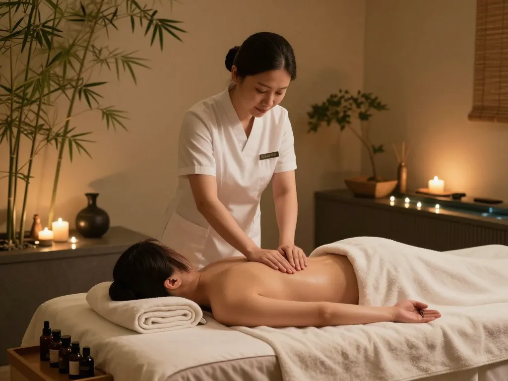 Relaxing 강남마사지 therapy session in a tranquil spa setting with soothing decor and warm lighting.
