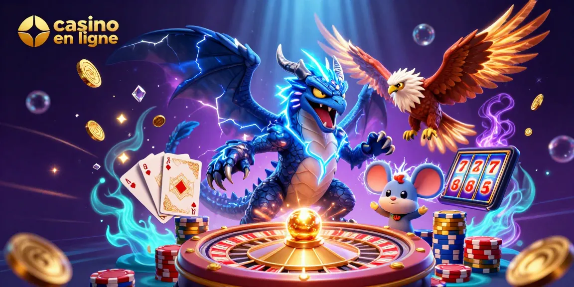 Visuel dynamique de casino en ligne avec dragon, faucon et trésors étincelants