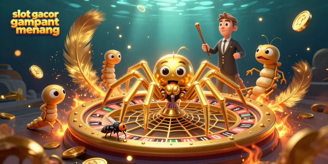 Slot gacor gampang menang, ilustrasi 3D menggambarkan laba-laba emas dan centipede sebagai dealer meramaikan permainan kasino.
