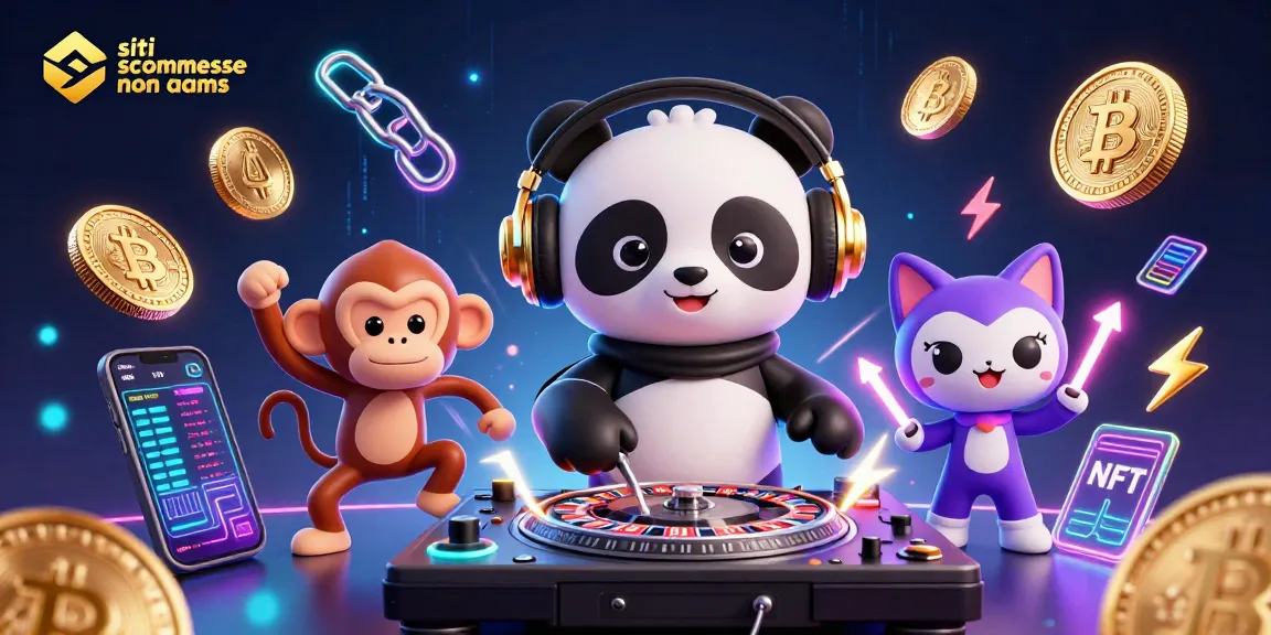 Gioca nei siti scommesse non AAMS con DJ panda, scimmia e gattino rave in un'illustrazione vivace.