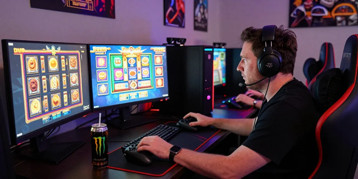 Engaged player at an immersive gaming setup showcasing bonus buy slots at https://aboutderbyshire.co.uk with vibrant screens and gaming gear.