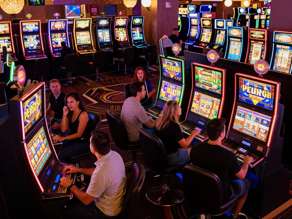 Engage with exciting slot machines in a bustling casino atmosphere, showcasing vibrant games and player excitement