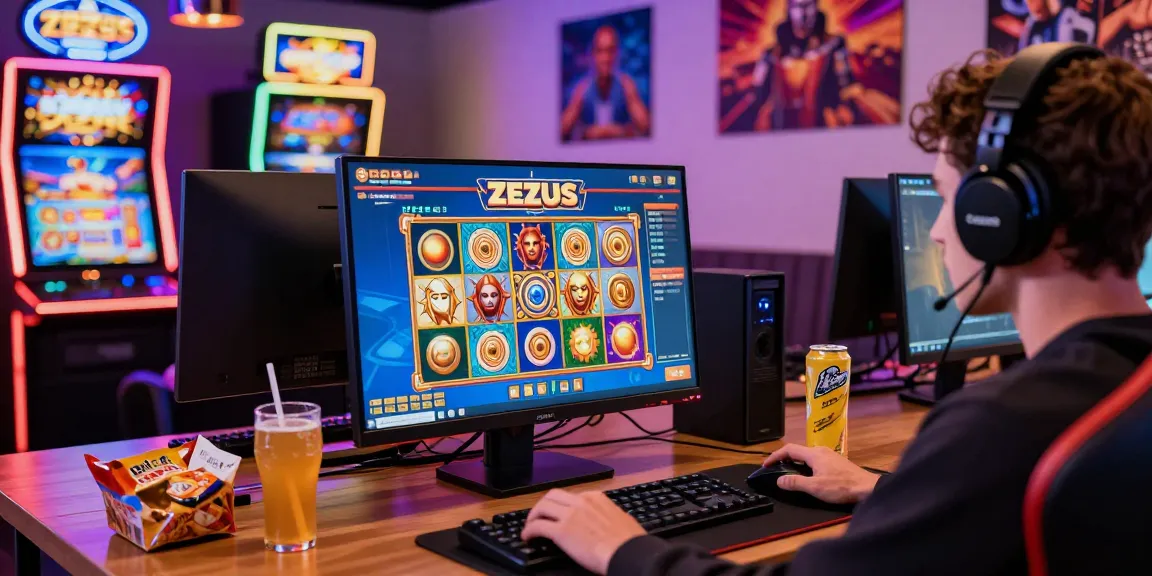Play Zeus Slot game with an excited player in a vibrant gaming setup.