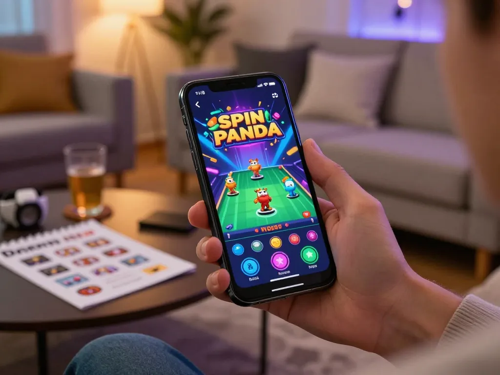The spinpanda app showcased on a smartphone in a cozy home environment, illustrating mobile casino gaming.